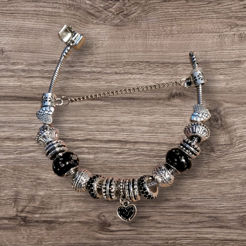 Silver & Black Charm Bracelet, Safety Chain, Heavyweight, Approximately …